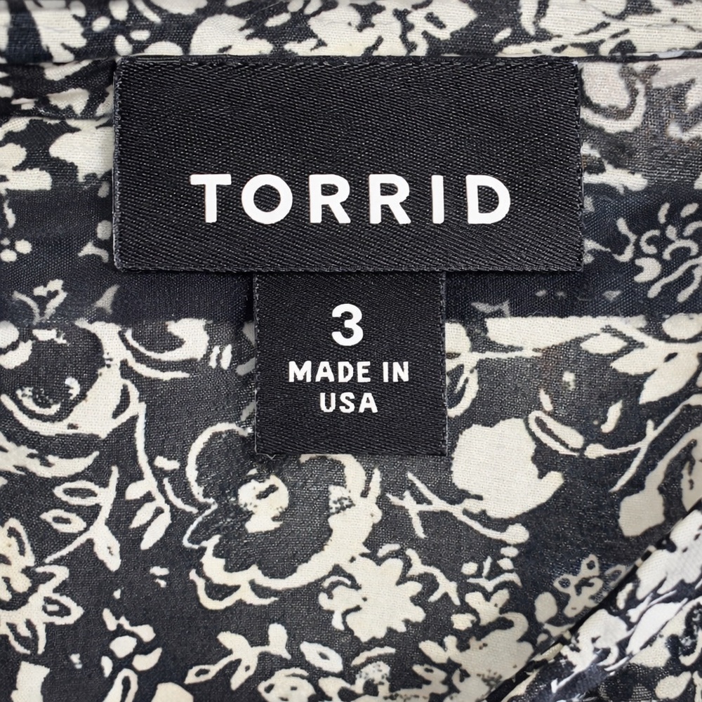 Torrid Floral High Low Blouse 3X Black Tan Bell Sleeve Boho Flowy Top - Picture 4 of 4